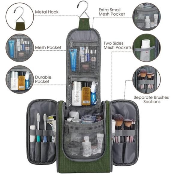 Hanging Travel Toiletry Bag Cosmetic Make up Organizer for Women and Men Green - Picture 2 of 6